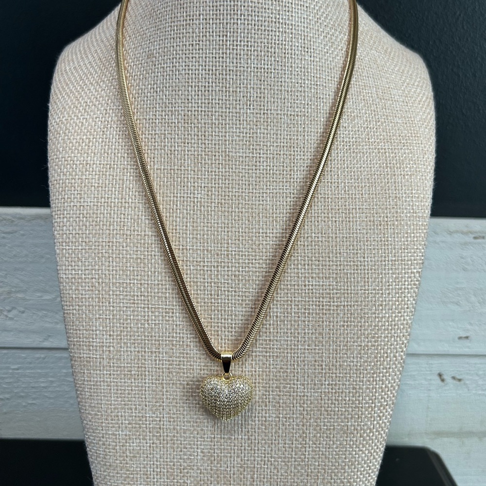 NWOT-18K Gold Filled Snake Chain Necklace w/ Puffy Heart Pendant | AAA CZ | 18”